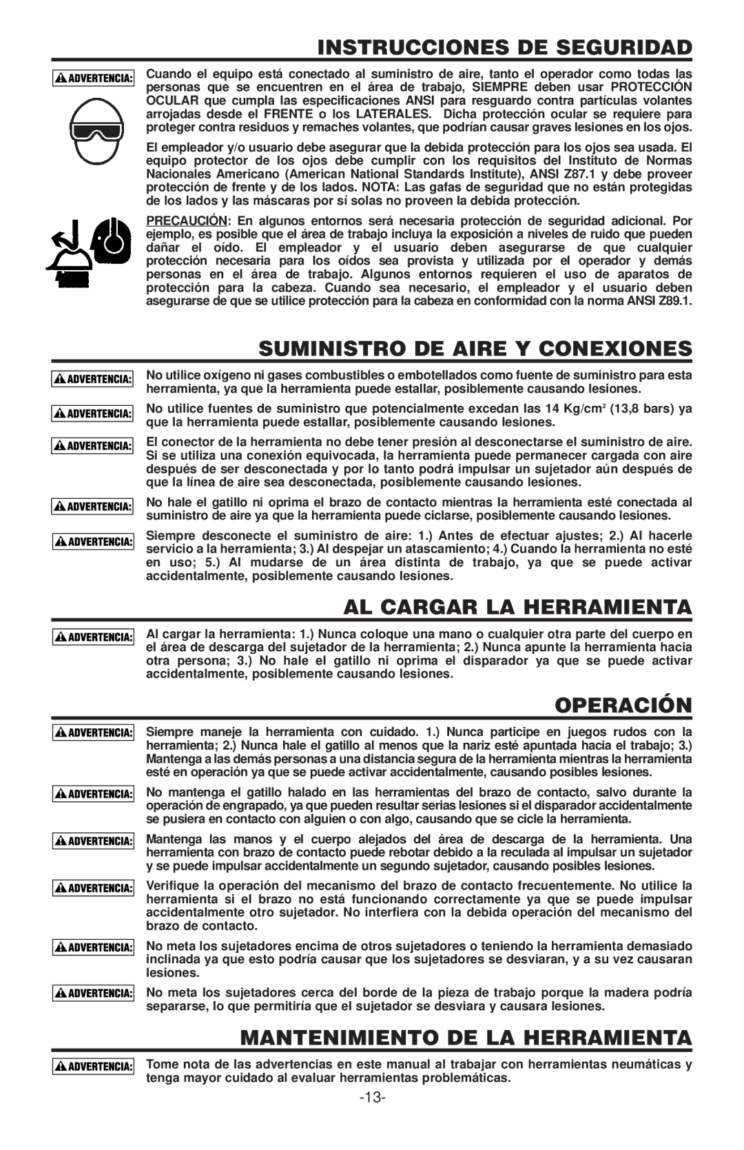 Bostitch N130C, N100CPP Instrucciones DE Seguridad, Suministro DE Aire Y Conexiones, AL Cargar LA Herramienta, Operación 