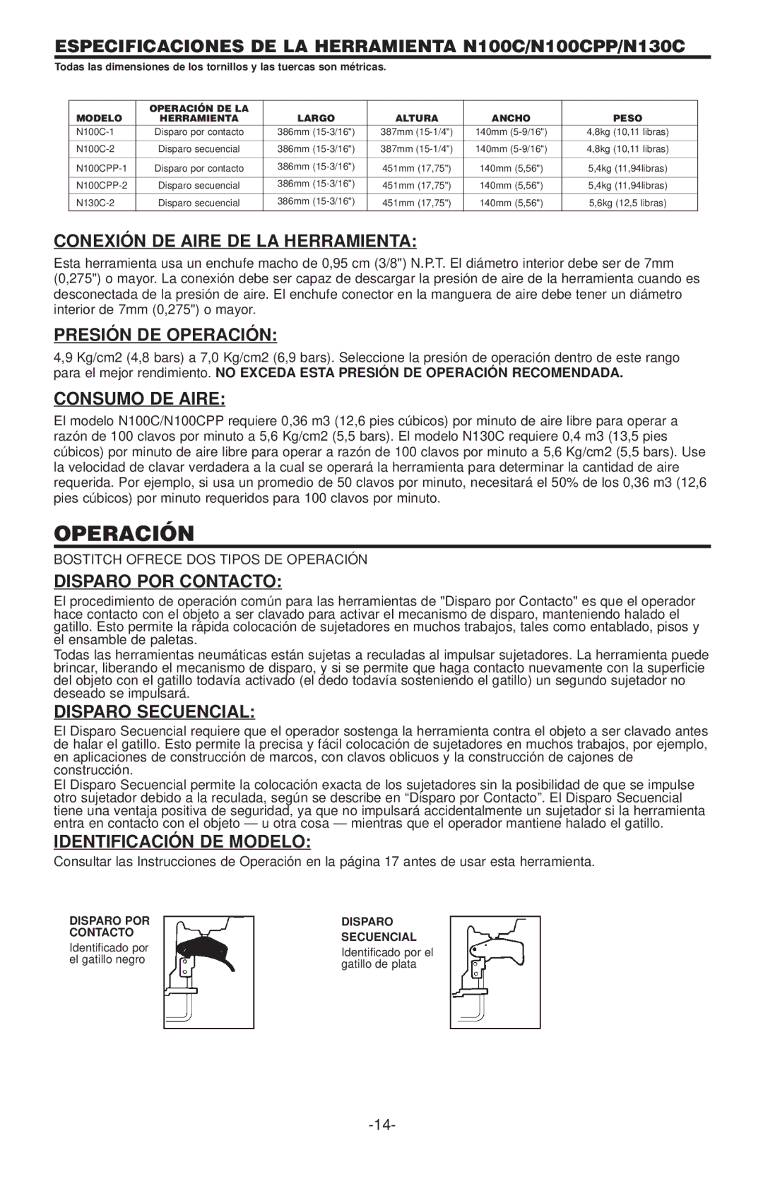 Bostitch Especificaciones DE LA Herramienta N100C/N100CPP/N130C, Conexión DE Aire DE LA Herramienta, Consumo DE Aire 