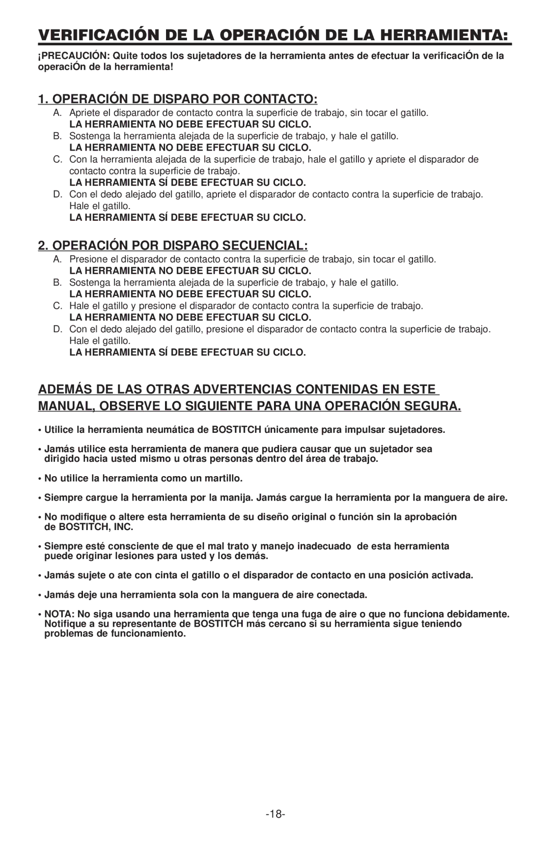 Bostitch N100CPP, N130C manual Verificación DE LA Operación DE LA Herramienta, Operación POR Disp ARO Secuencial 