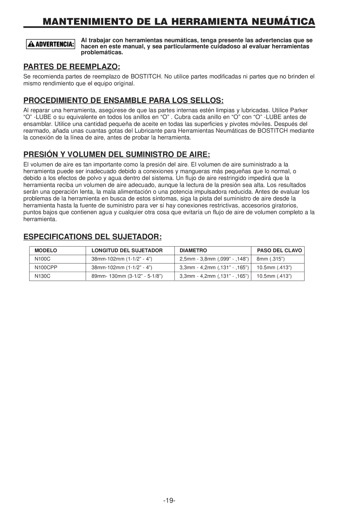 Bostitch N130C Mantenimiento DE LA Herramienta Neumática, Partes DE Reemplazo, Procedimiento DE Ensamble Para LOS Sellos 