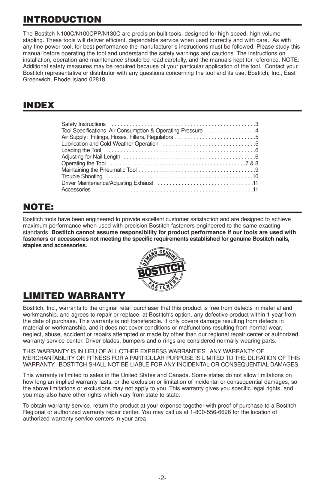 Bostitch N100CPP, N130C manual Introduction, Index, Limited Warranty 