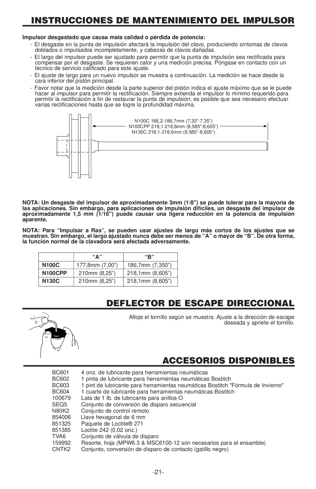 Bostitch N100CPP Instrucciones DE Mantenimiento DEL Impulsor, Deflector DE Escape Direccional, ACCESORI0S Disponibles 