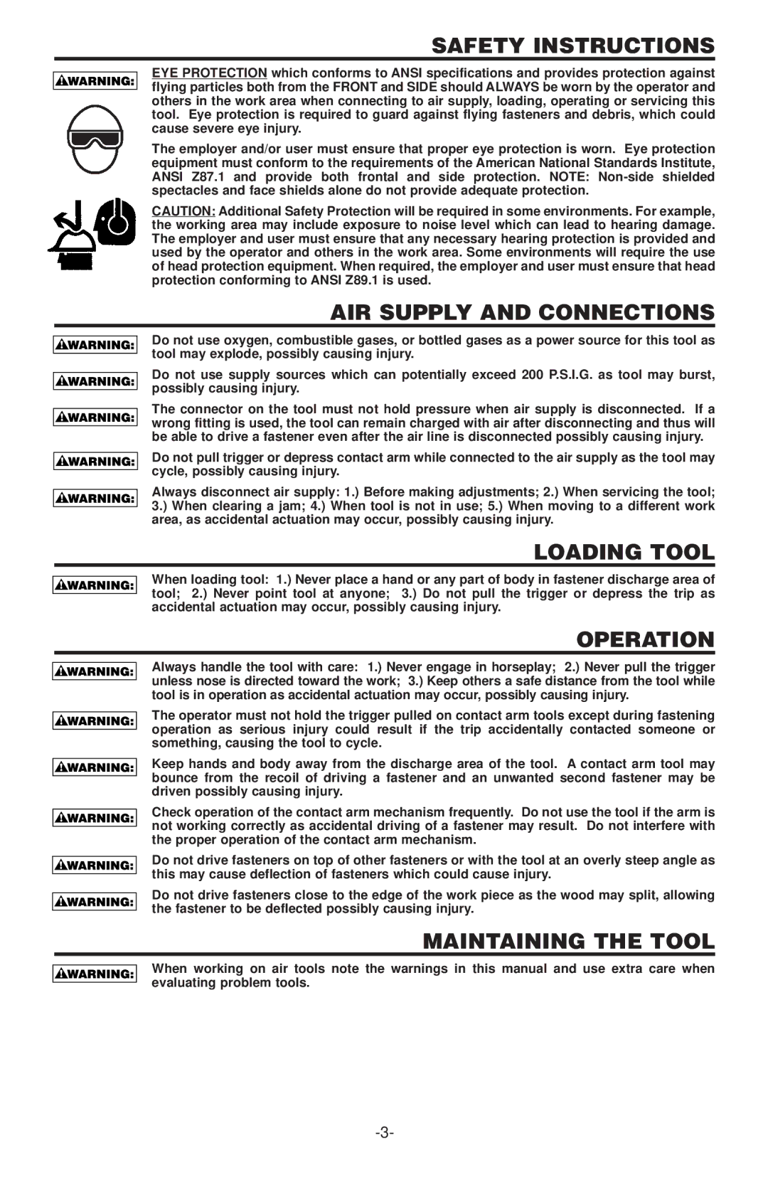 Bostitch N100CPP, N130C Safety Instructions, AIR Supply and Connections, Loading Tool, Operation, Maintaining the Tool 