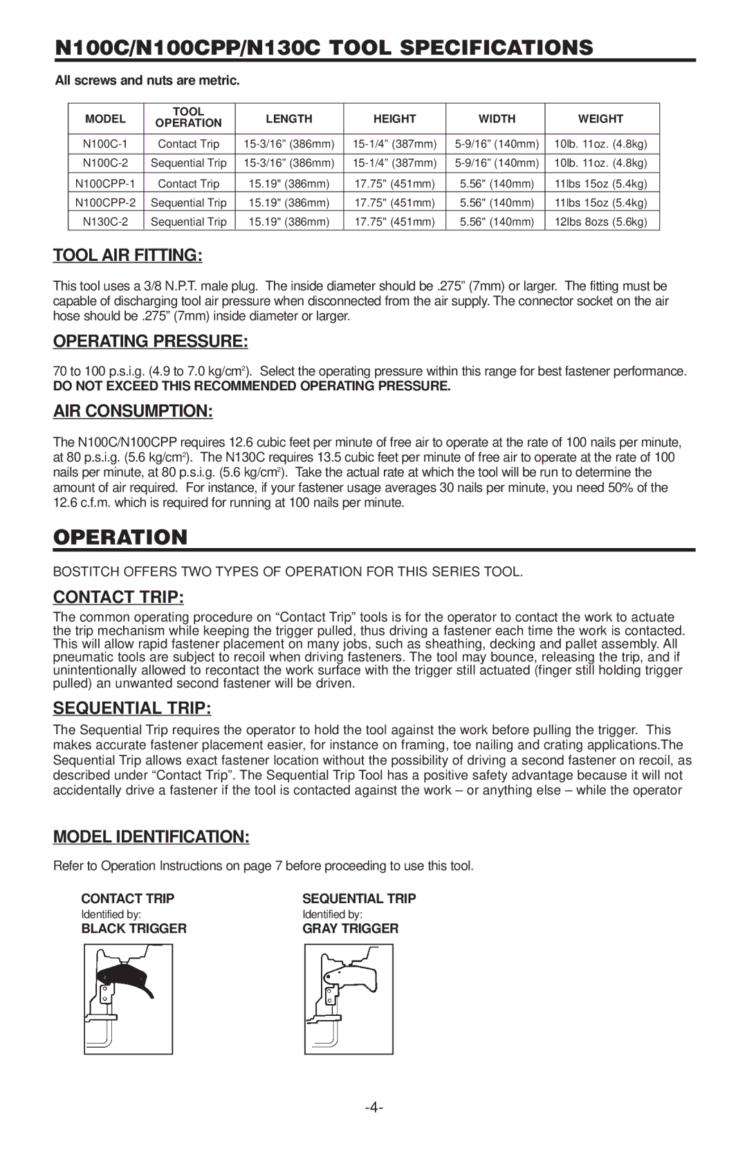 Bostitch manual N100C/N100CPP/N130C Tool Specifications 