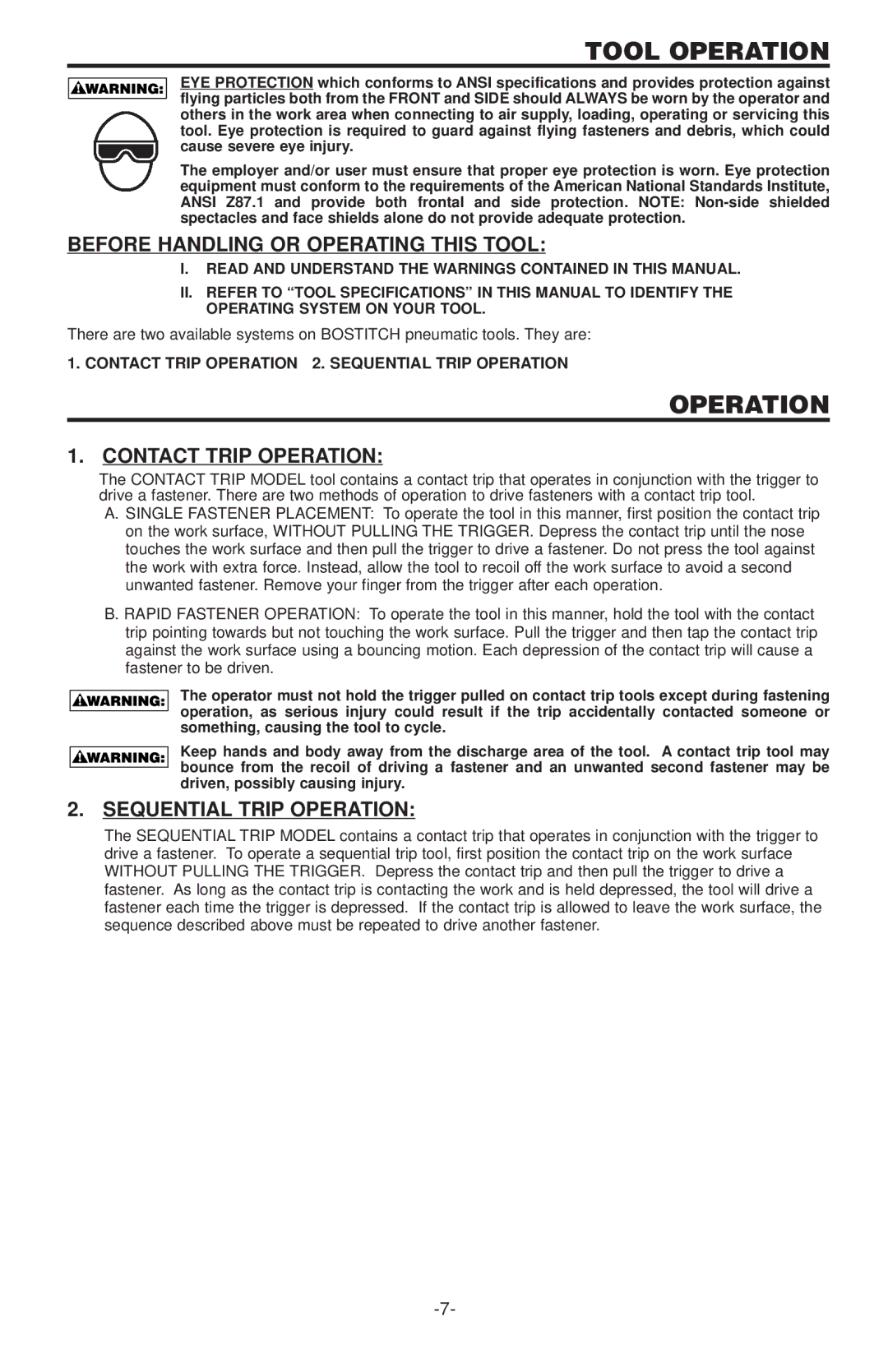 Bostitch N130C Tool Operation, Before Handling or Operating this Tool, Contact Trip Operation, Sequential Trip Operation 