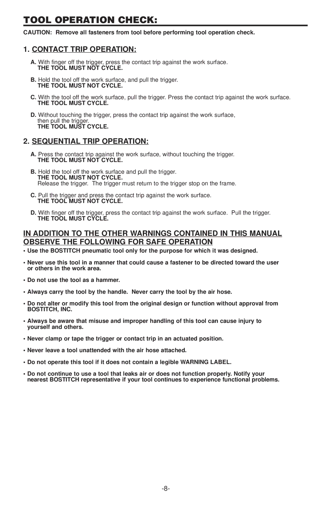 Bostitch N100CPP, N130C manual Tool Operation Check, Tool Must not Cycle, Tool Must Cycle, Bostitch, Inc 