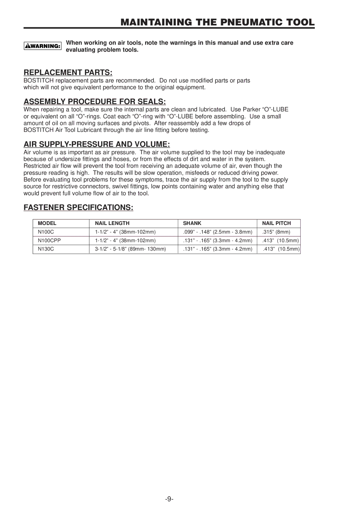 Bostitch N100CPP Maintaining the Pneumatic Tool, Replacement Parts, Assembly Procedure for Seals, Fastener Specifications 