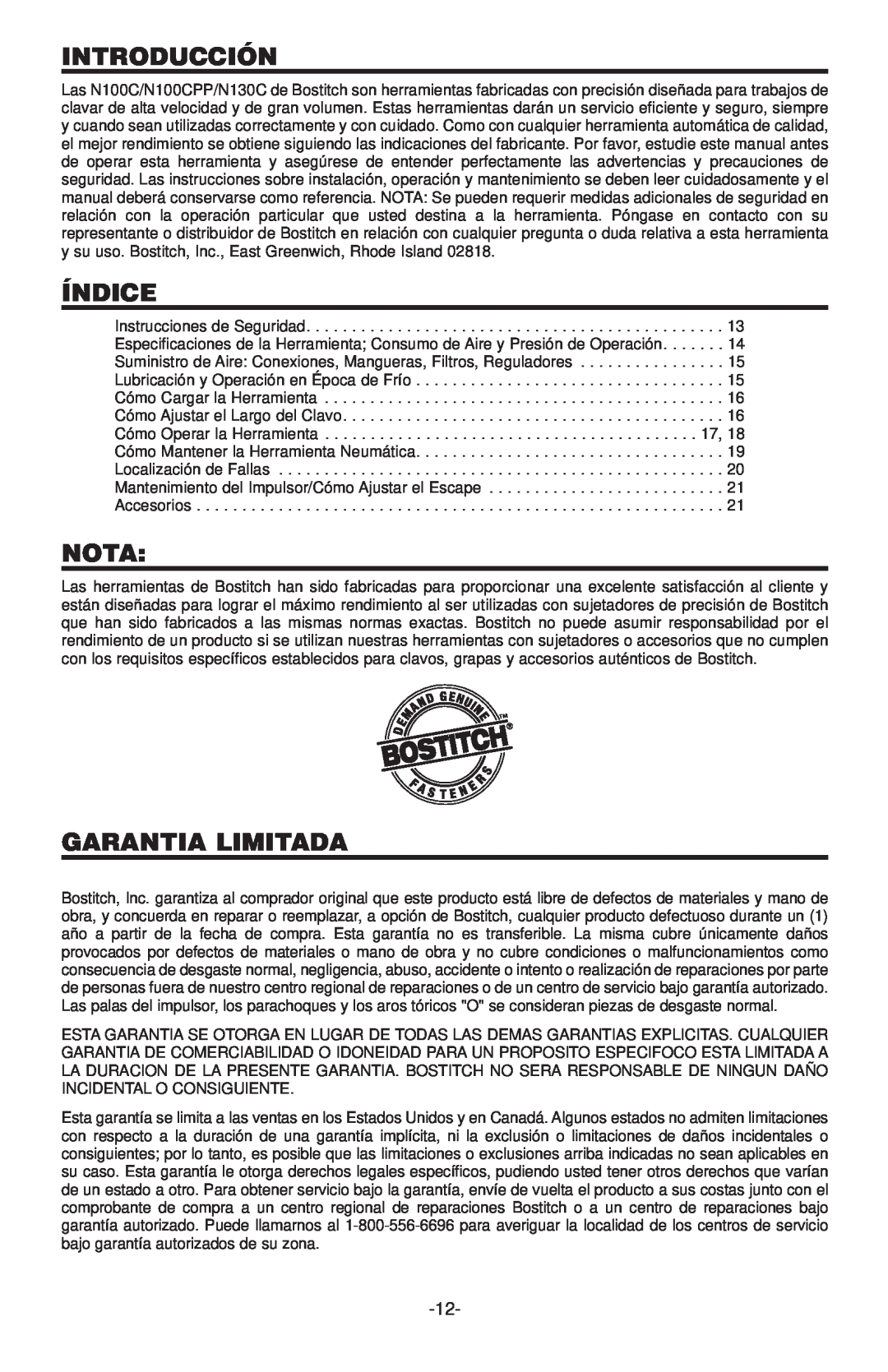 Bostitch N100CPP, N130C manual Introducción, Índice, Nota, Garantia Limitada 