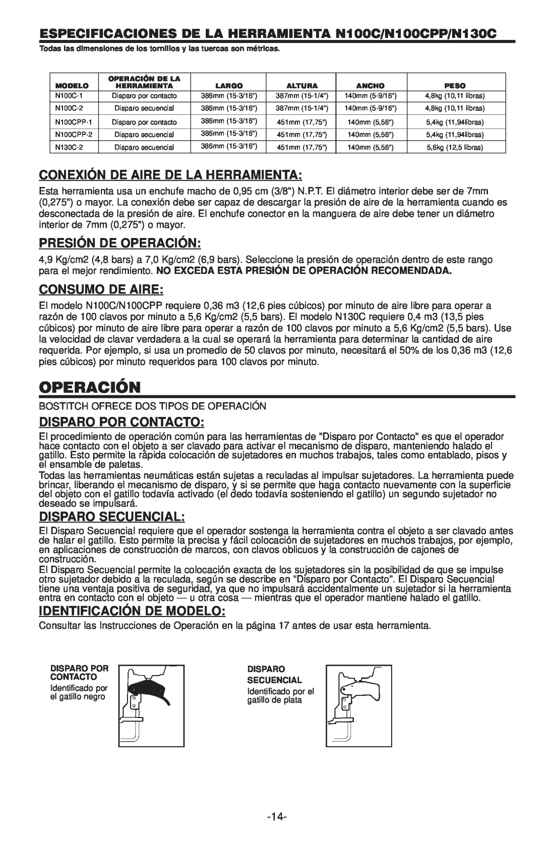 Bostitch ESPECIFICACIONES DE LA HERRAMIENTA N100C/N100CPP/N130C, Conexión De Aire De La Herramienta, Consumo De Aire 