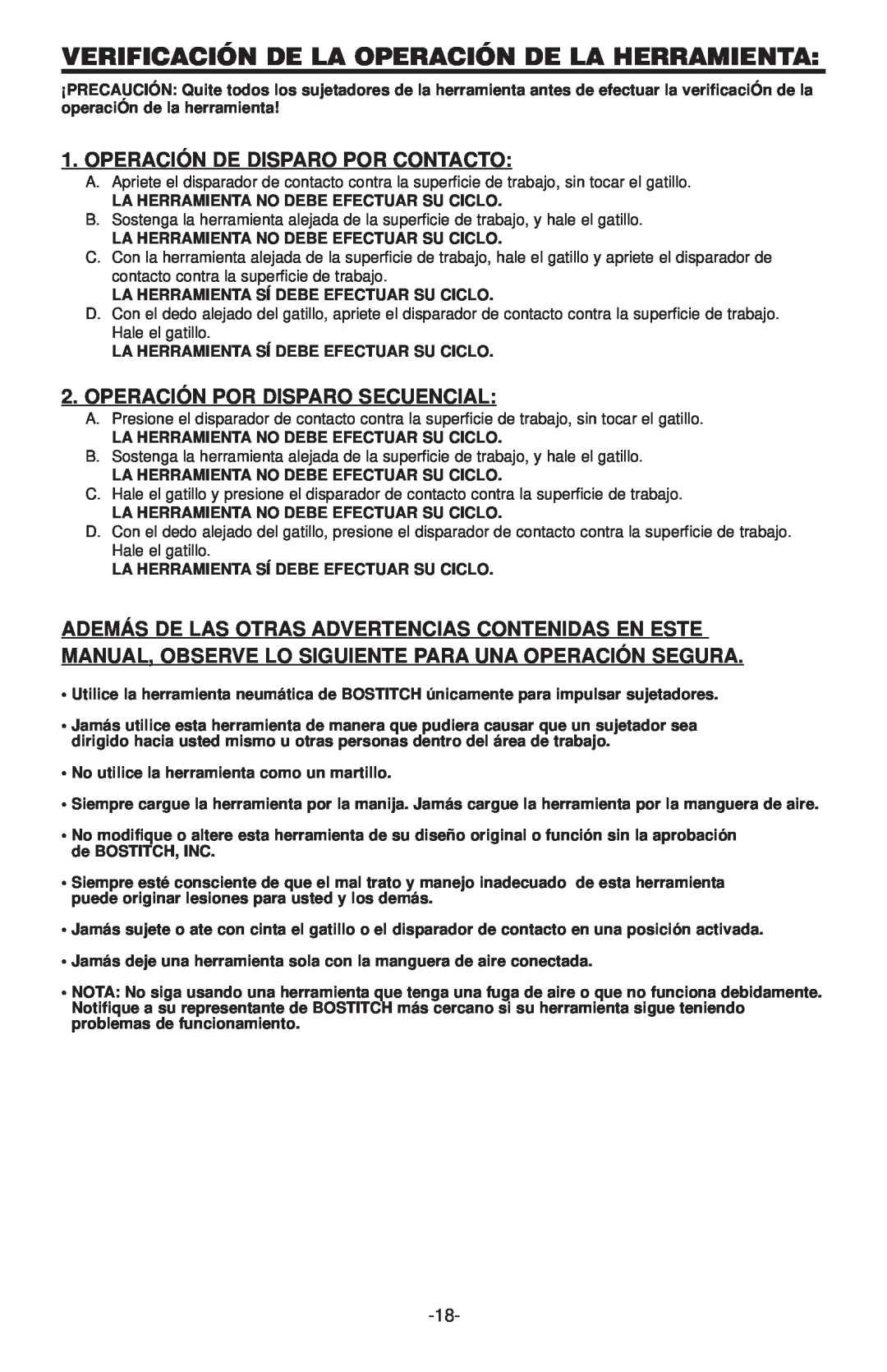 Bostitch N100CPP, N130C manual Verificación De La Operación De La Herramienta, Operación Por Disp Aro Secuencial 