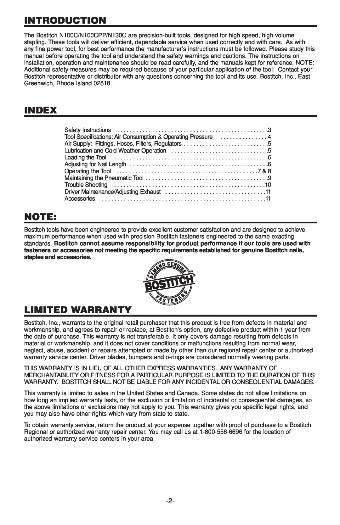 Bostitch N100CPP, N130C manual Introduction, Index, Limited Warranty 
