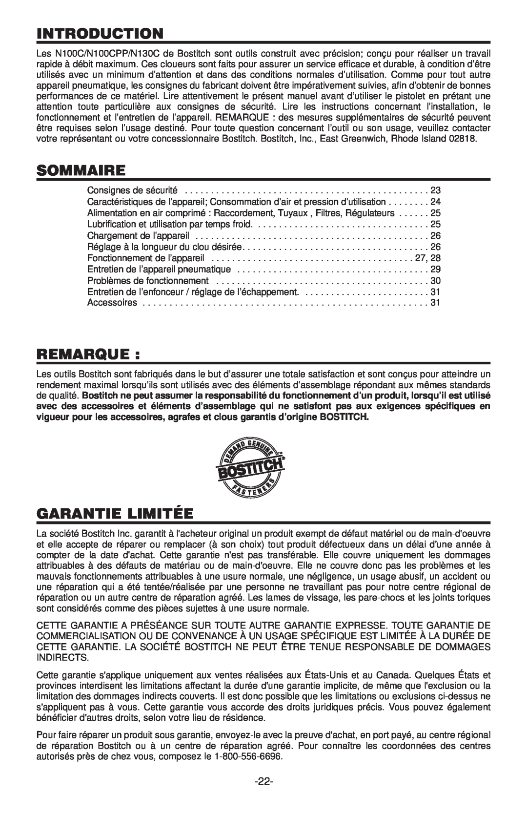 Bostitch N130C, N100CPP manual Sommaire, Remarque, Garantie Limitée, Introduction 