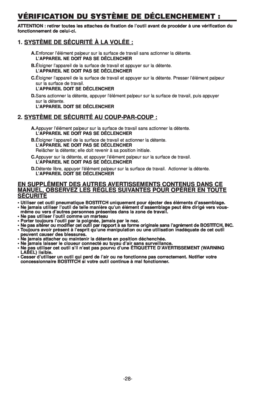 Bostitch N130C, N100CPP manual Vérification Du Système De Déclenchement, Système De Sécurité À La Volée 