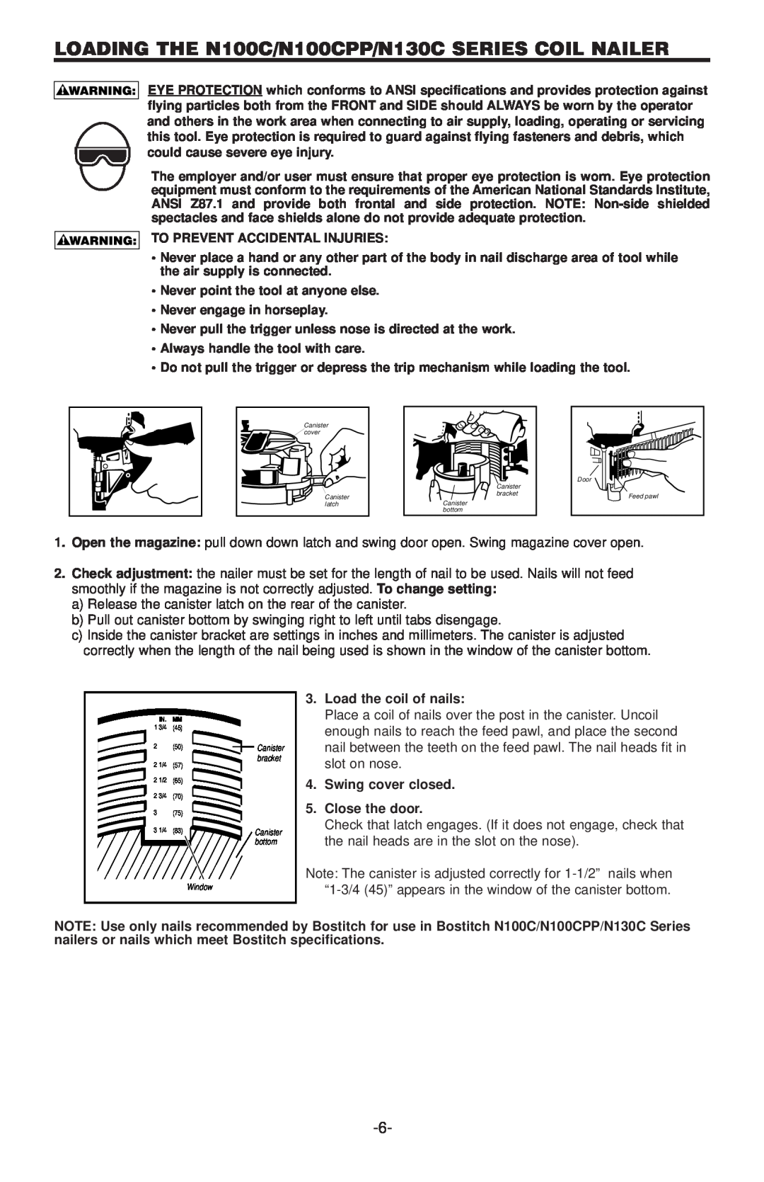 Bostitch manual LOADING THE N100C/N100CPP/N130C SERIES COIL NAILER 