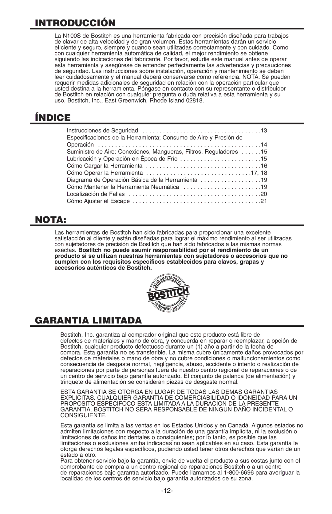 Bostitch N100S manual Introducción, Índice, Nota, Garantia Limitada 