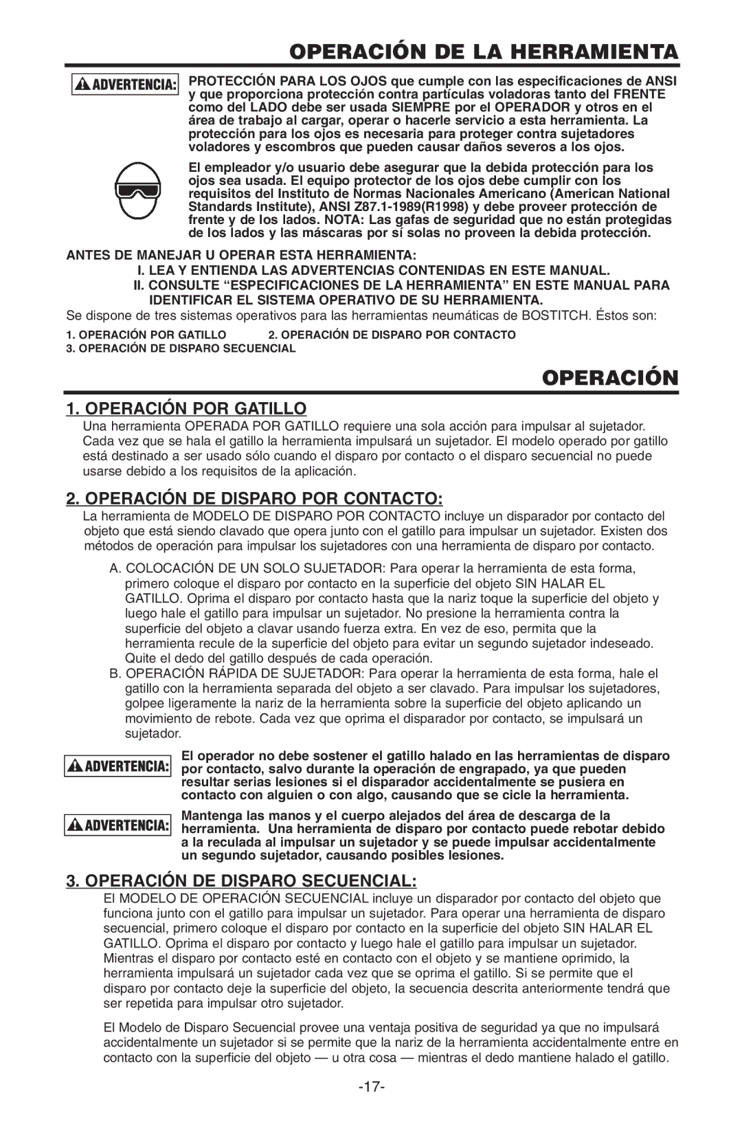 Bostitch N100S manual Operación DE LA Herramienta, Operación POR Gatillo, Operación DE Disparo POR Contacto 