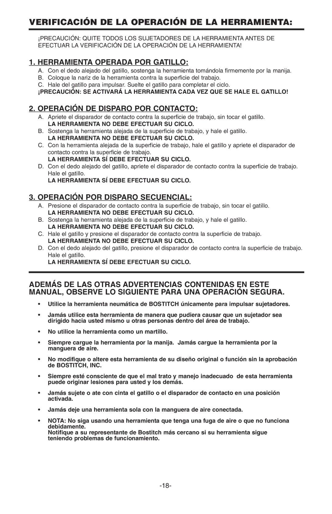 Bostitch N100S manual Verificación DE LA Operación DE LA Herramienta, Herramienta Operada POR Gatillo 