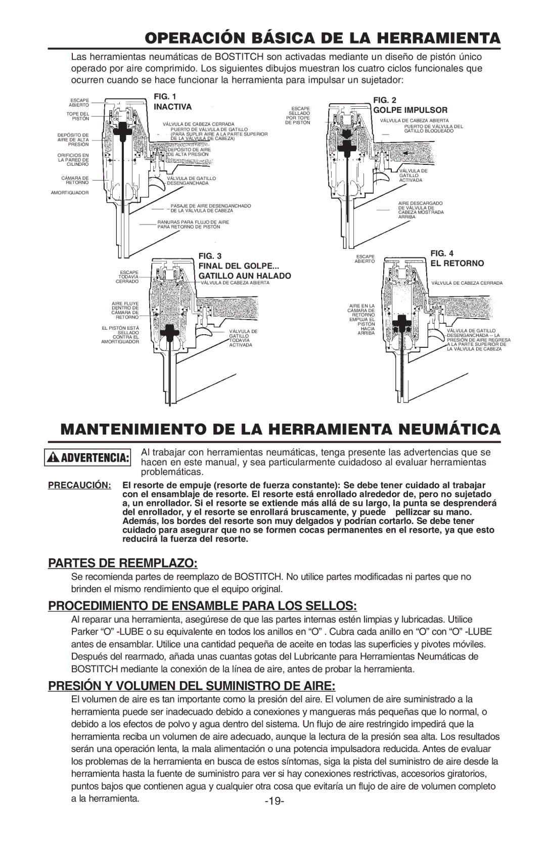 Bostitch N100S manual Operación Básica DE LA Herramienta, Mantenimiento DE LA Herramienta Neumática, Partes DE Reemplazo 