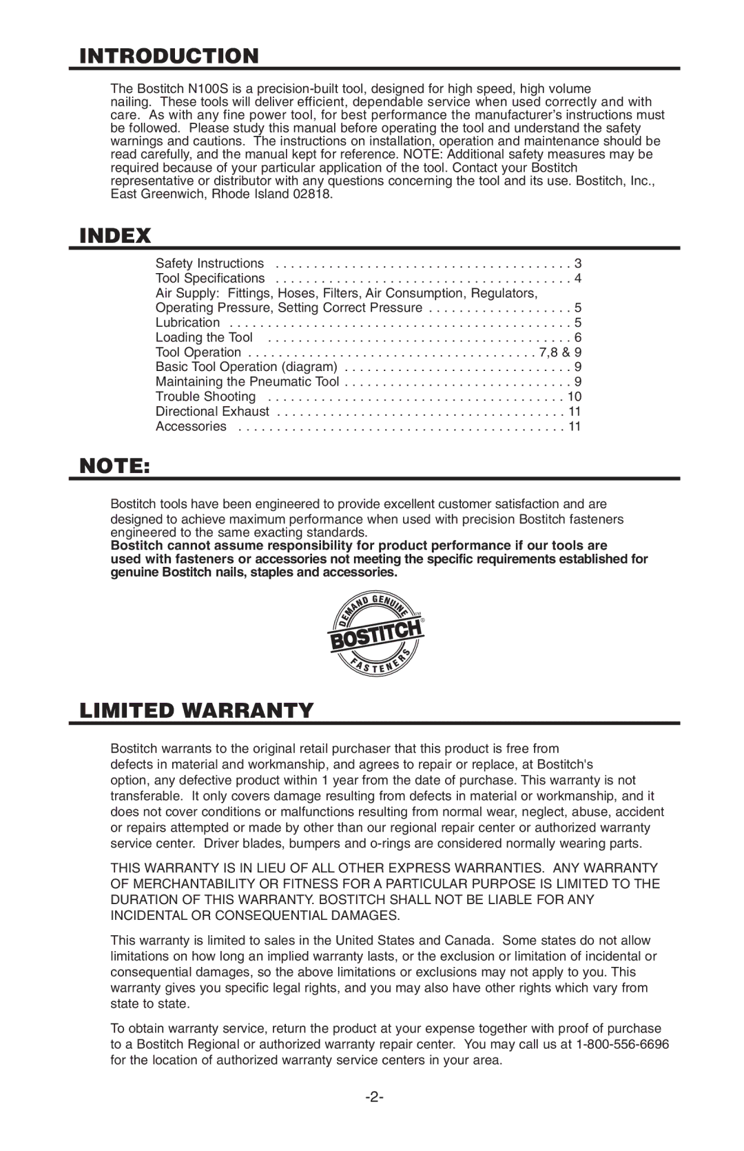 Bostitch N100S manual Introduction, Index, Limited Warranty 