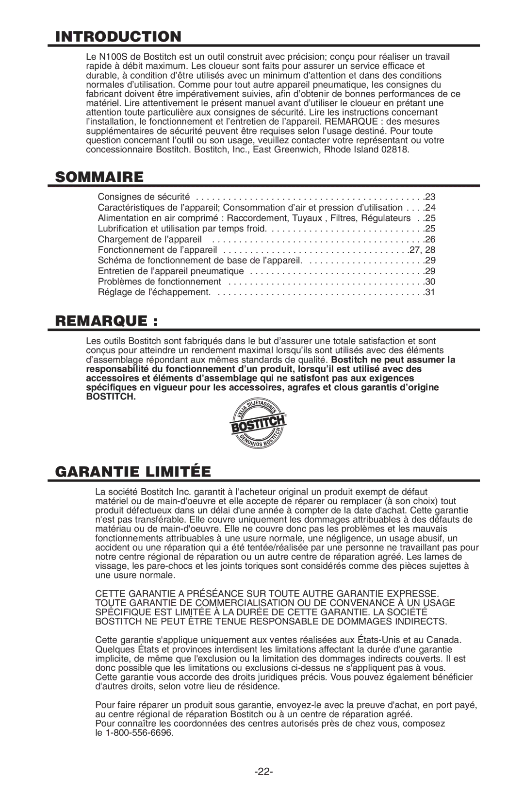 Bostitch N100S manual Sommaire, Remarque, Garantie Limitée, Bostitch 