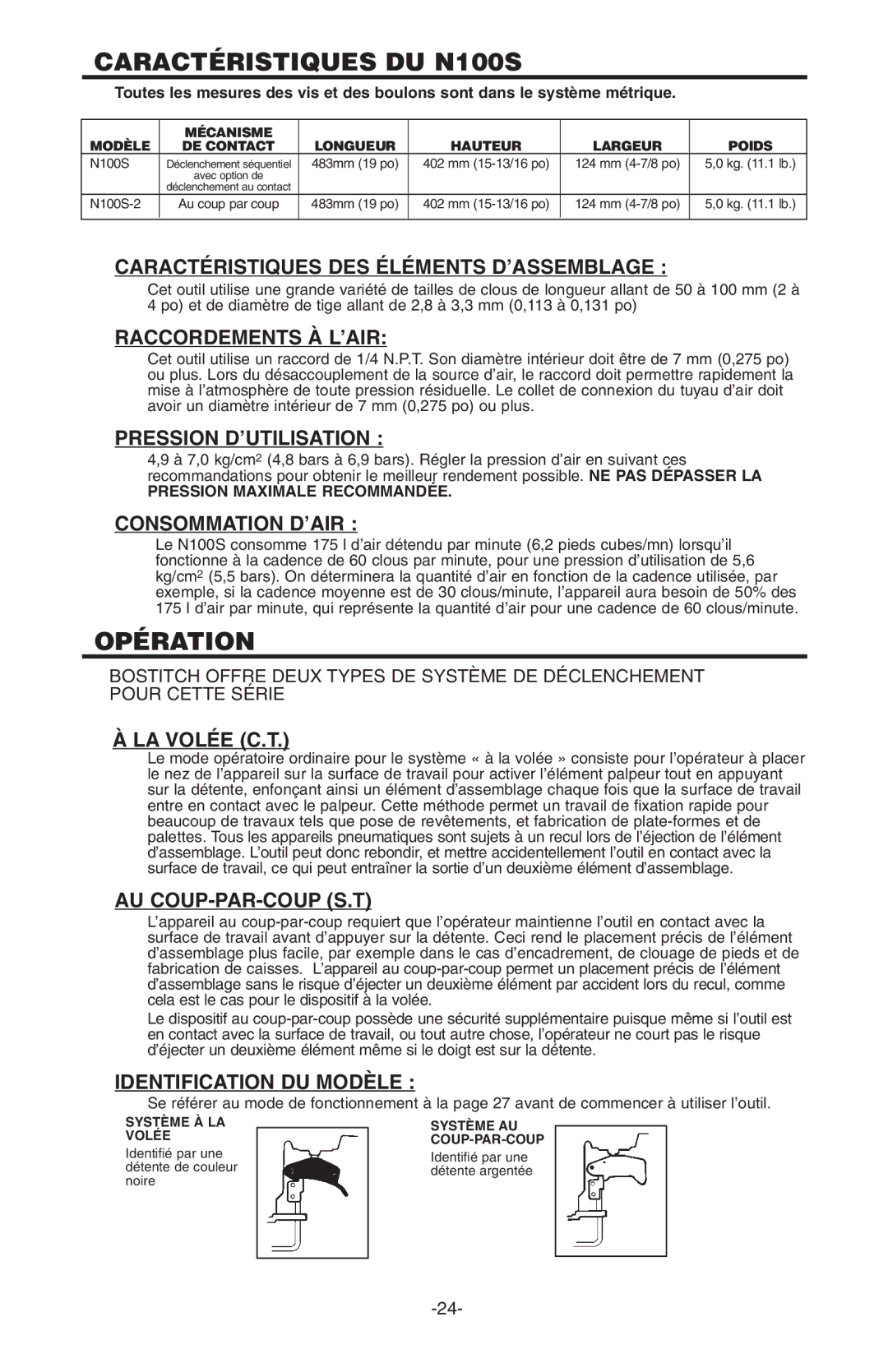 Bostitch manual Caractéristiques DU N100S, Opération 