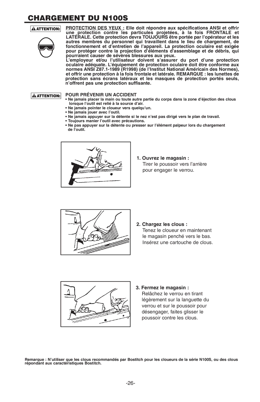 Bostitch manual Chargement DU N100S, Pour Prévenir UN Accident 