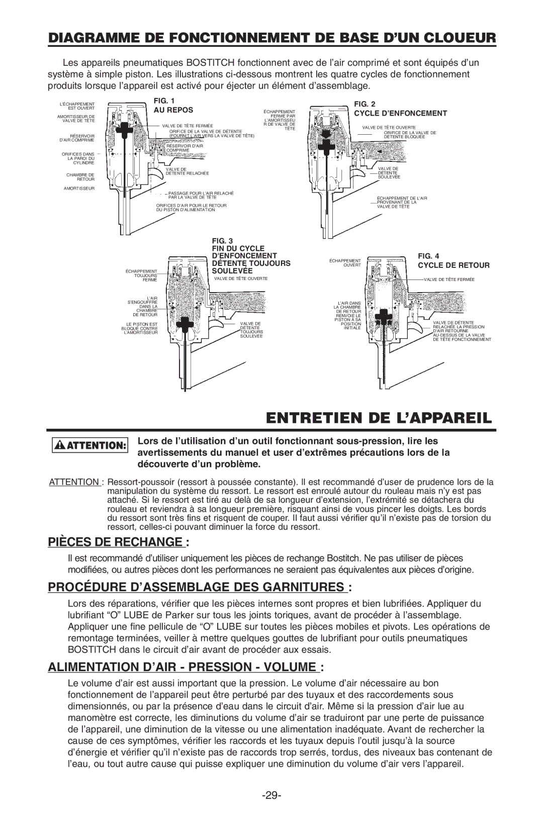 Bostitch N100S manual Entretien DE L’APPAREIL, Diagramme DE Fonctionnement DE Base D’UN Cloueur, Pièces DE Rechange 