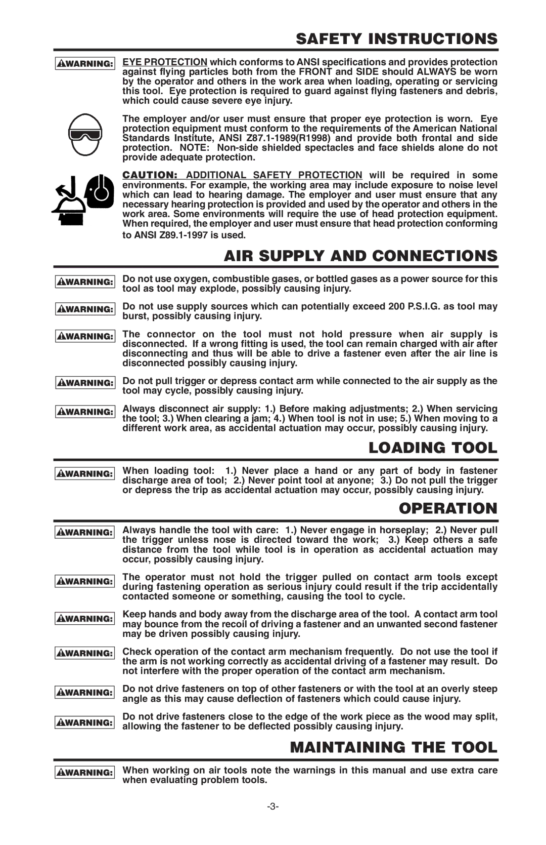 Bostitch N100S manual Safety Instructions, AIR Supply and Connections, Loading Tool, Operation, Maintaining the Tool 