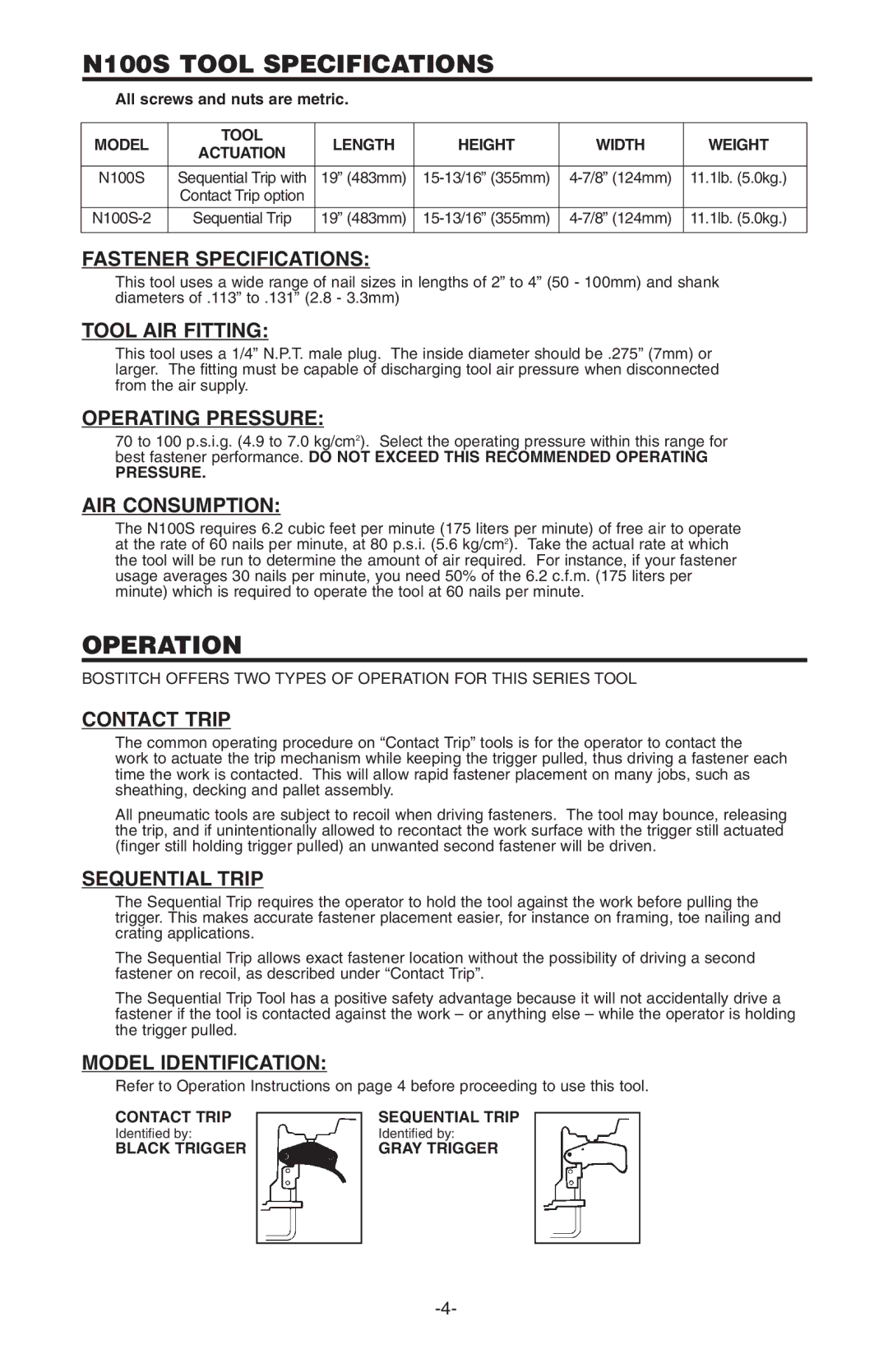 Bostitch manual N100S Tool Specifications 