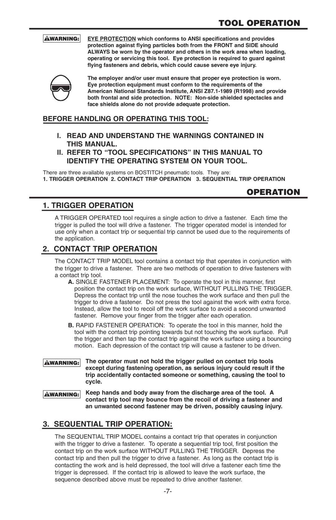 Bostitch N100S manual Tool Operation, Trigger Operation, Contact Trip Operation, Sequential Trip Operation 
