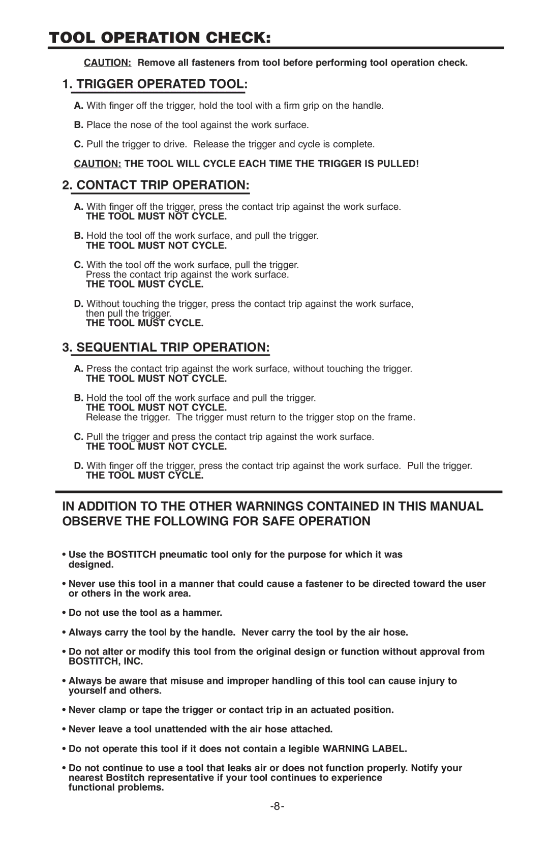 Bostitch N100S manual Tool Operation Check, Trigger Operated Tool, Tool Must not Cycle, Tool Must Cycle, Bostitch, Inc 