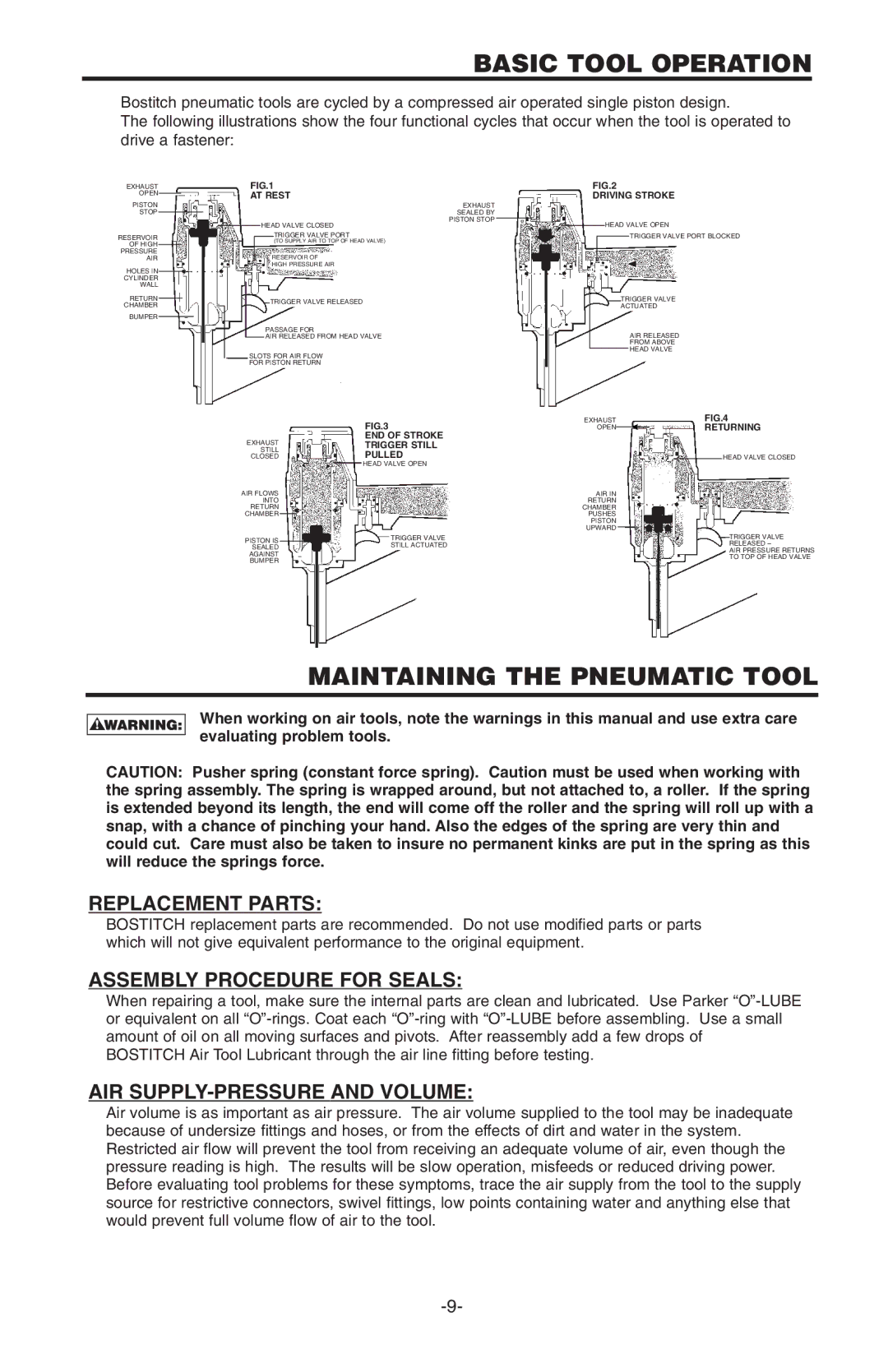 Bostitch N100S manual Basic Tool Operation, Maintaining the Pneumatic Tool, Replacement Parts, Assembly Procedure for Seals 