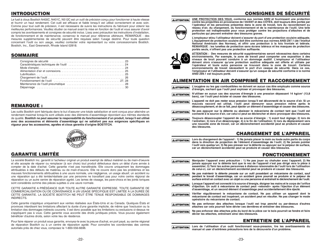 Bostitch N400C Sommaire, Remarque, Garantie Limitée, Consignes DE Sécurité, Alimentation EN AIR Comprimé ET Raccordement 