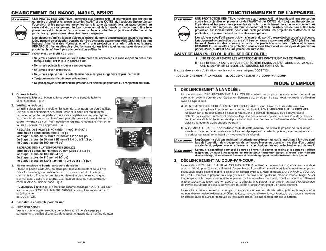 Bostitch 171119REVB manual Chargement DU N400C, N401C, N512C, Fonctionnement DE L’APPAREIL, Mode D’EMPLOI 