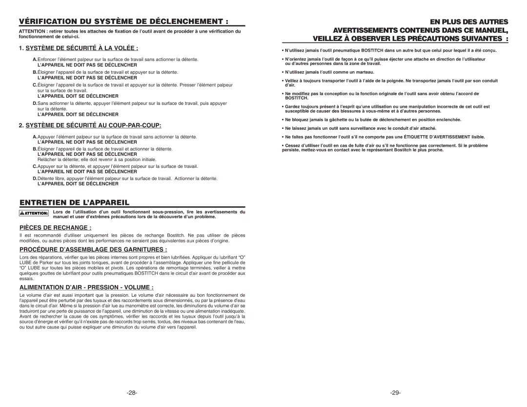 Bostitch 171119REVB, N400C, N401C, N512C manual Vérification DU Système DE Déclenchement 