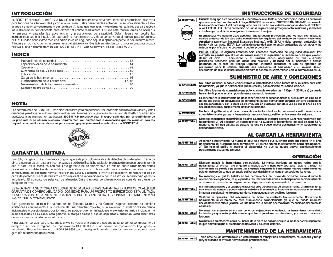 Bostitch 171119REVB Introducción, Índice, Nota, Garantia Limitada, Instrucciones DE Seguridad, AL Cargar LA Herramienta 