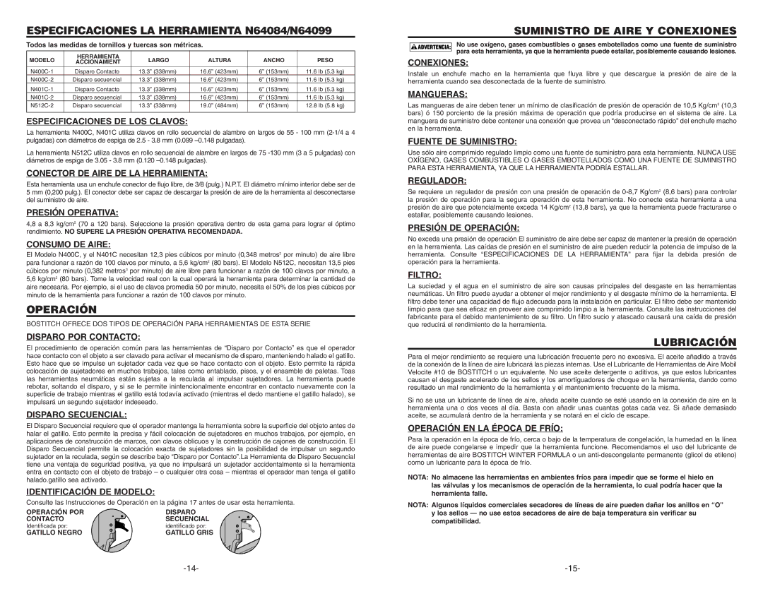 Bostitch N400C, N401C, N512C, 171119REVB manual Especificaciones LA Herramienta N64084/N64099, Lubricación 