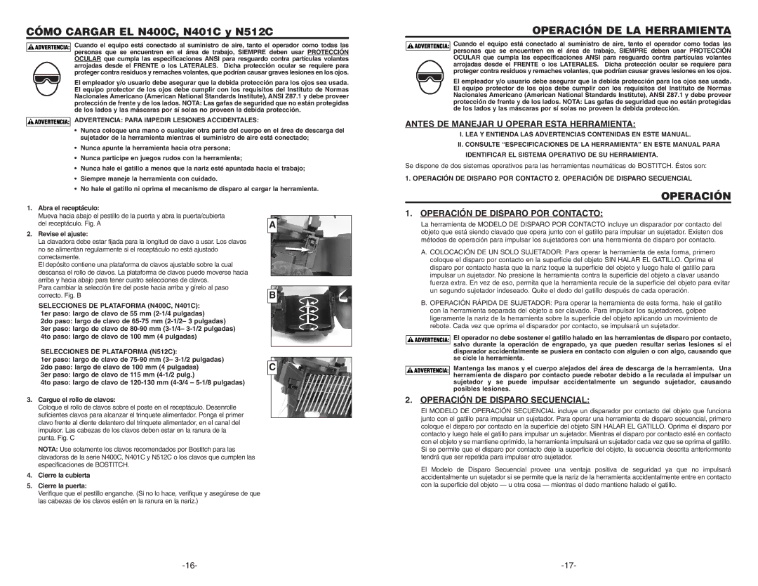 Bostitch N401C Operación DE LA Herramienta, Antes DE Manejar U Operar Esta Herramienta, Operación DE Disparo POR Contacto 