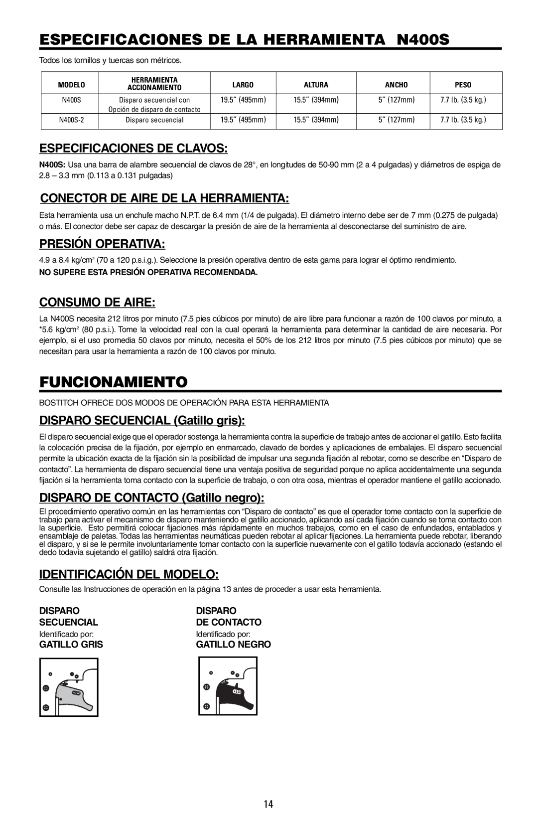 Bostitch 171430REVA manual Especificaciones DE LA Herramienta N400S 