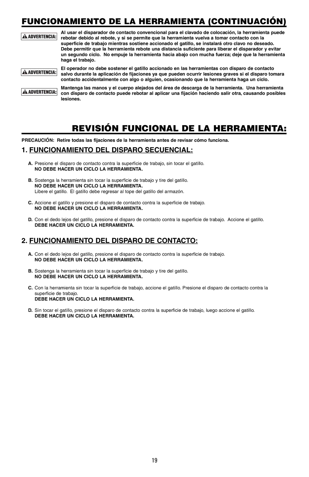 Bostitch 171430REVA, N400S manual Revisión Funcional DE LA Herramienta, Funcionamiento DEL Disparo Secuencial 