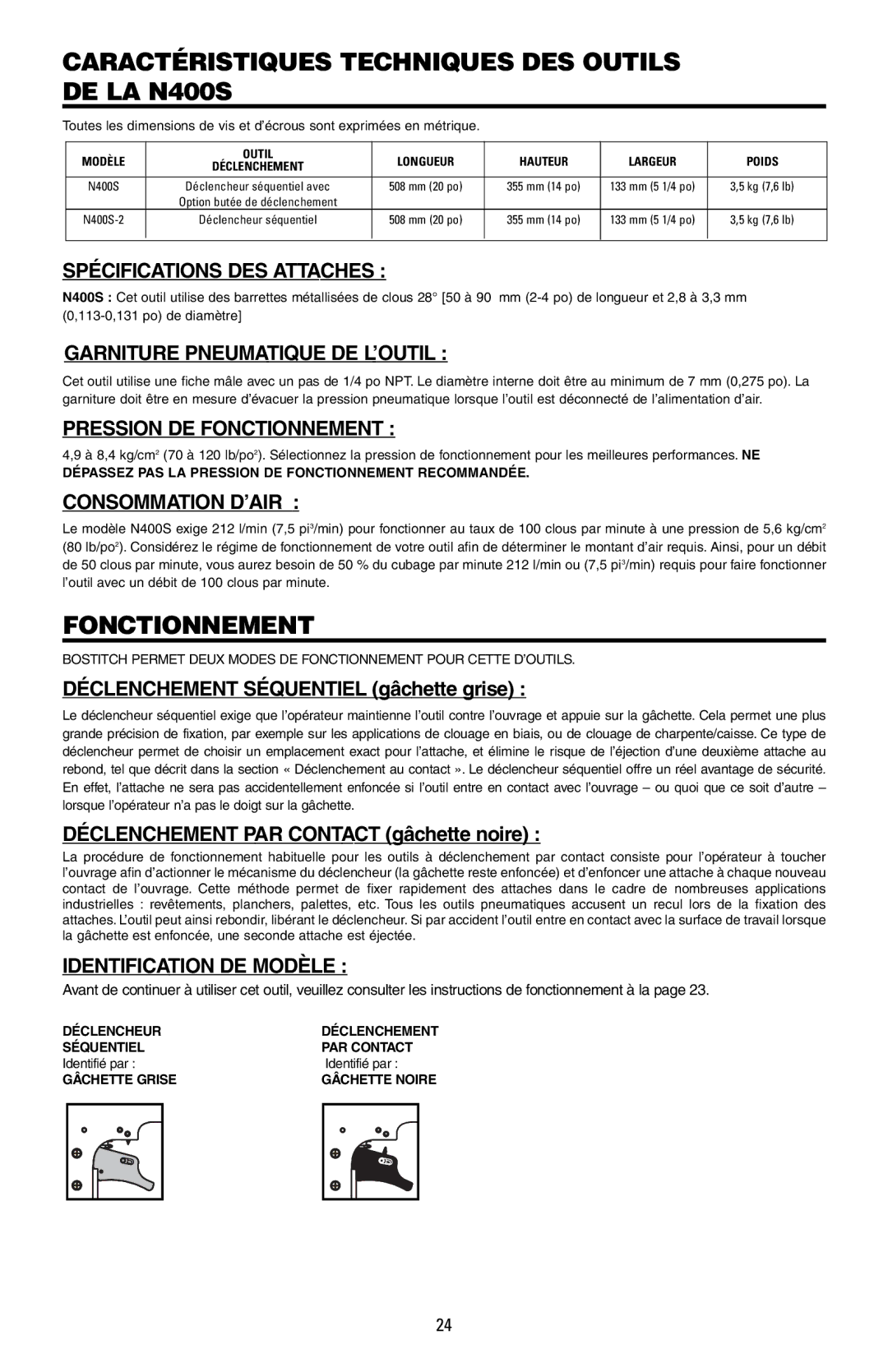 Bostitch 171430REVA manual Caractéristiques Techniques DES Outils DE LA N400S 