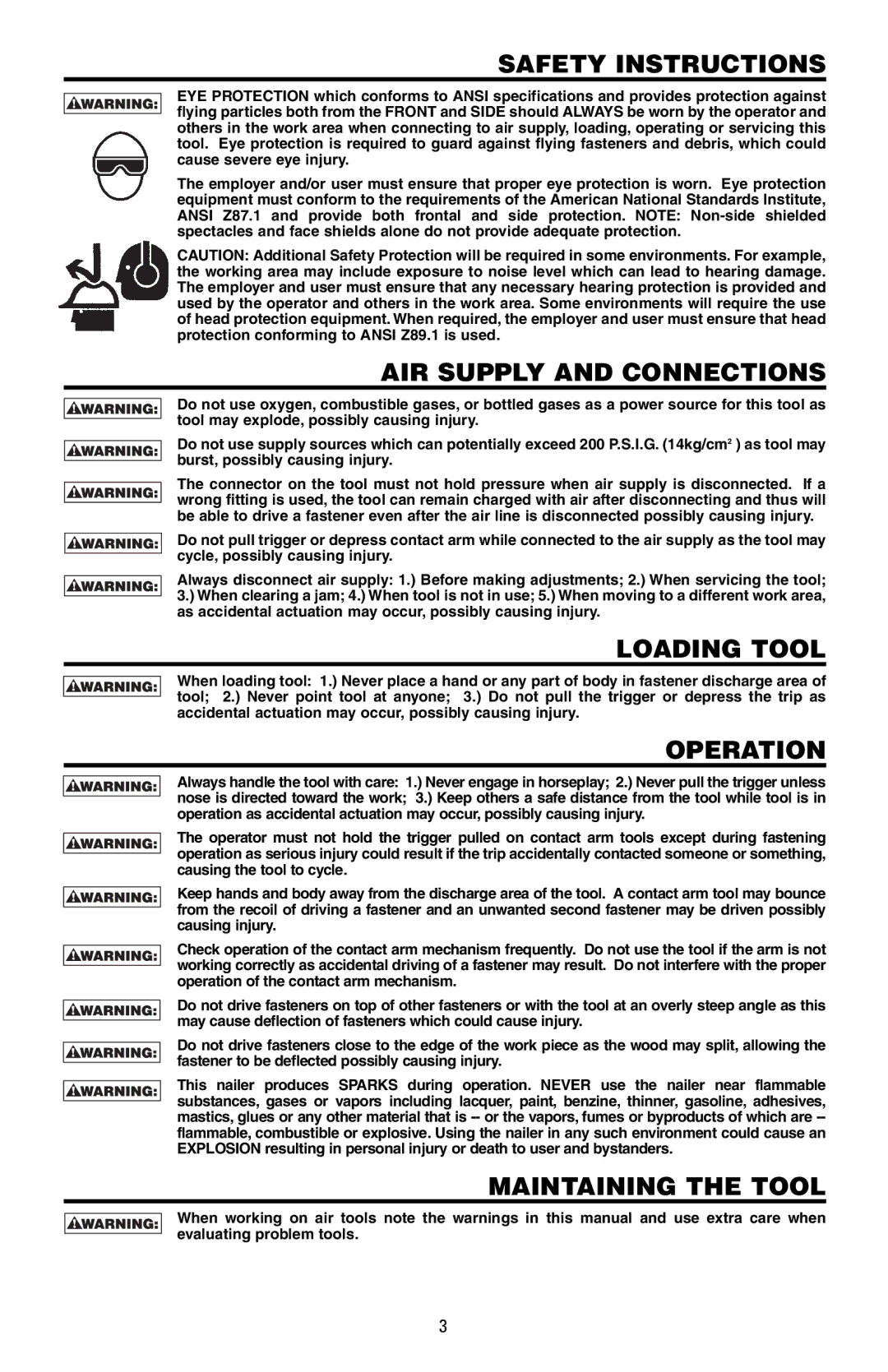 Bostitch 171430REVA, N400S Safety Instructions, AIR Supply and Connections, Loading Tool, Operation, Maintaining the Tool 