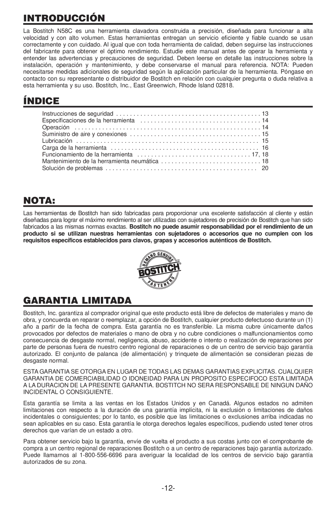 Bostitch N58C manual Introducción, Índice, Nota, Garantia Limitada 