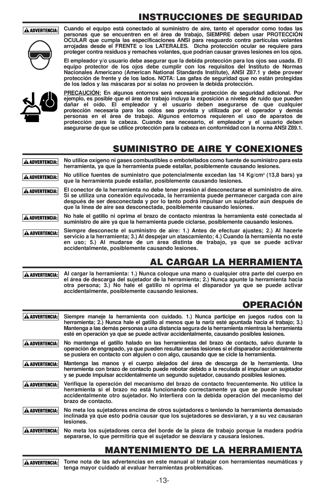 Bostitch N58C manual Instrucciones DE Seguridad, Suministro DE Aire Y Conexiones, AL Cargar LA Herramienta, Operación 