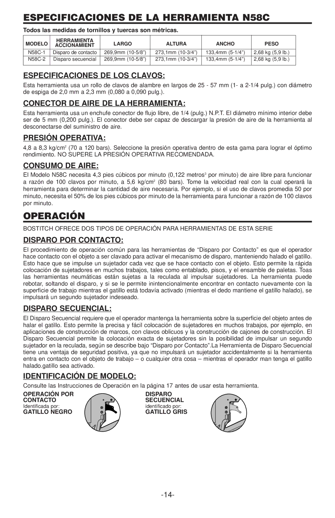 Bostitch manual Especificaciones DE LA Herramienta N58C 