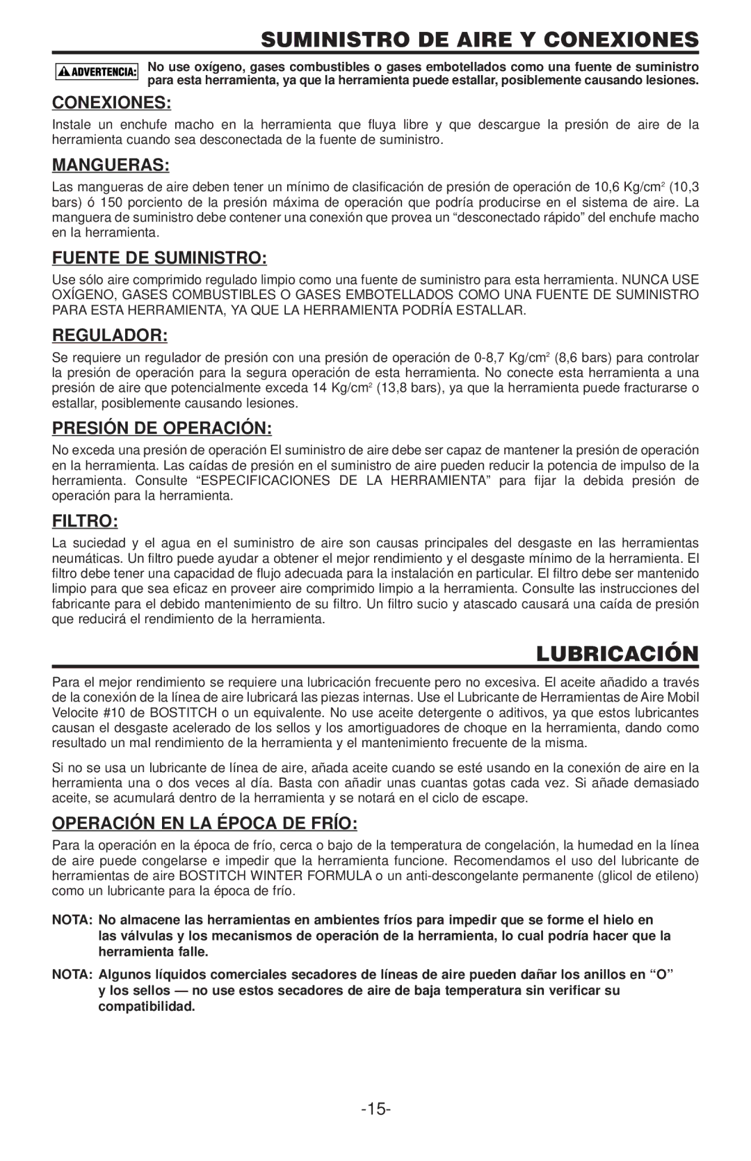 Bostitch N58C manual Lubricación 