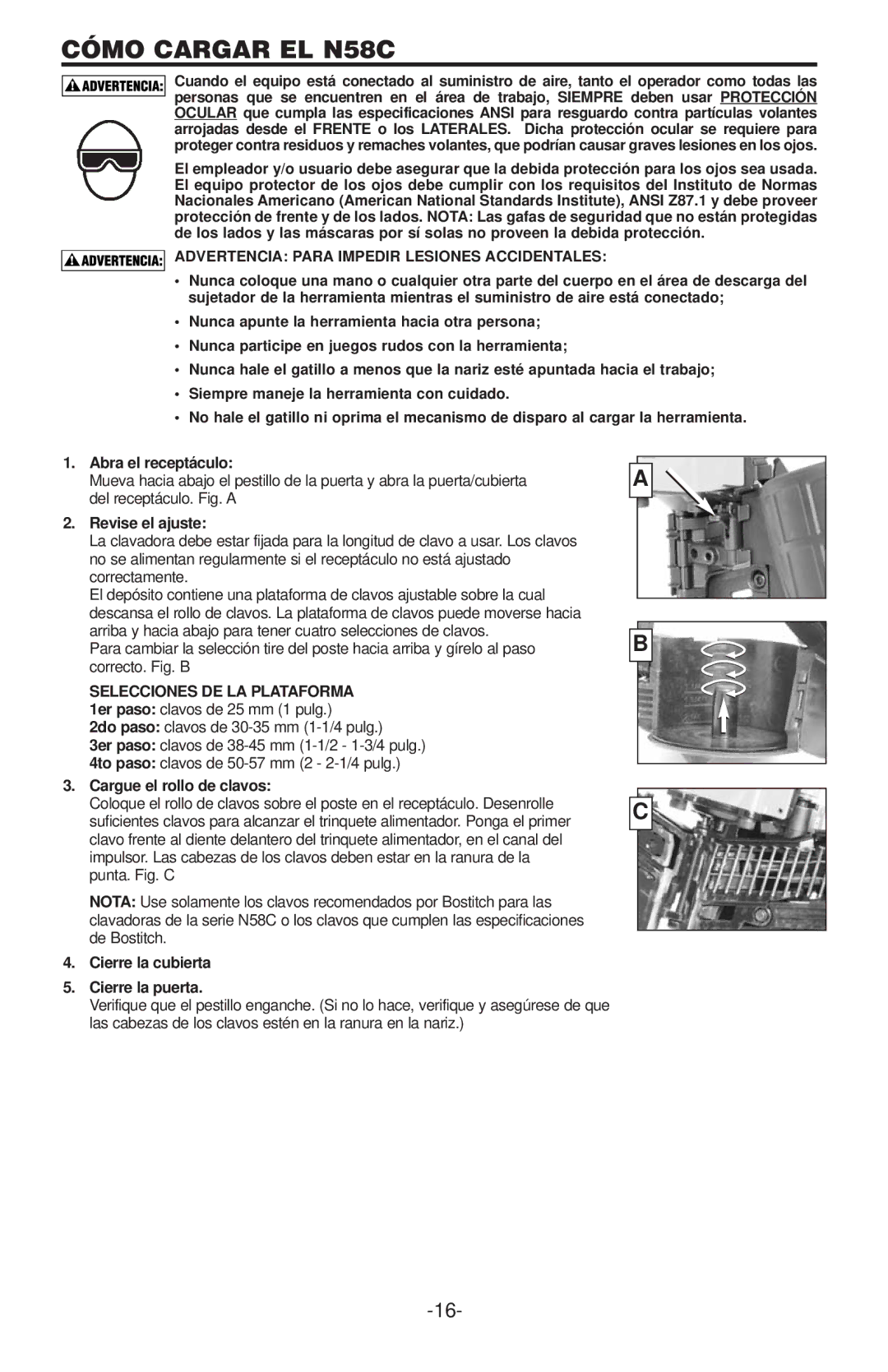 Bostitch manual Cómo Cargar EL N58C, Advertencia Para Impedir Lesiones Accidentales, Revise el ajuste 