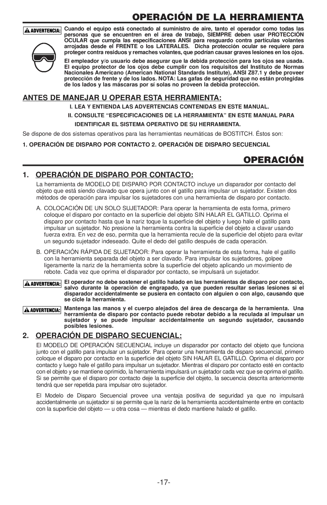 Bostitch N58C Operación DE LA Herramienta, Antes DE Manejar U Operar Esta Herramienta, Operación DE Disp ARO POR Contacto 