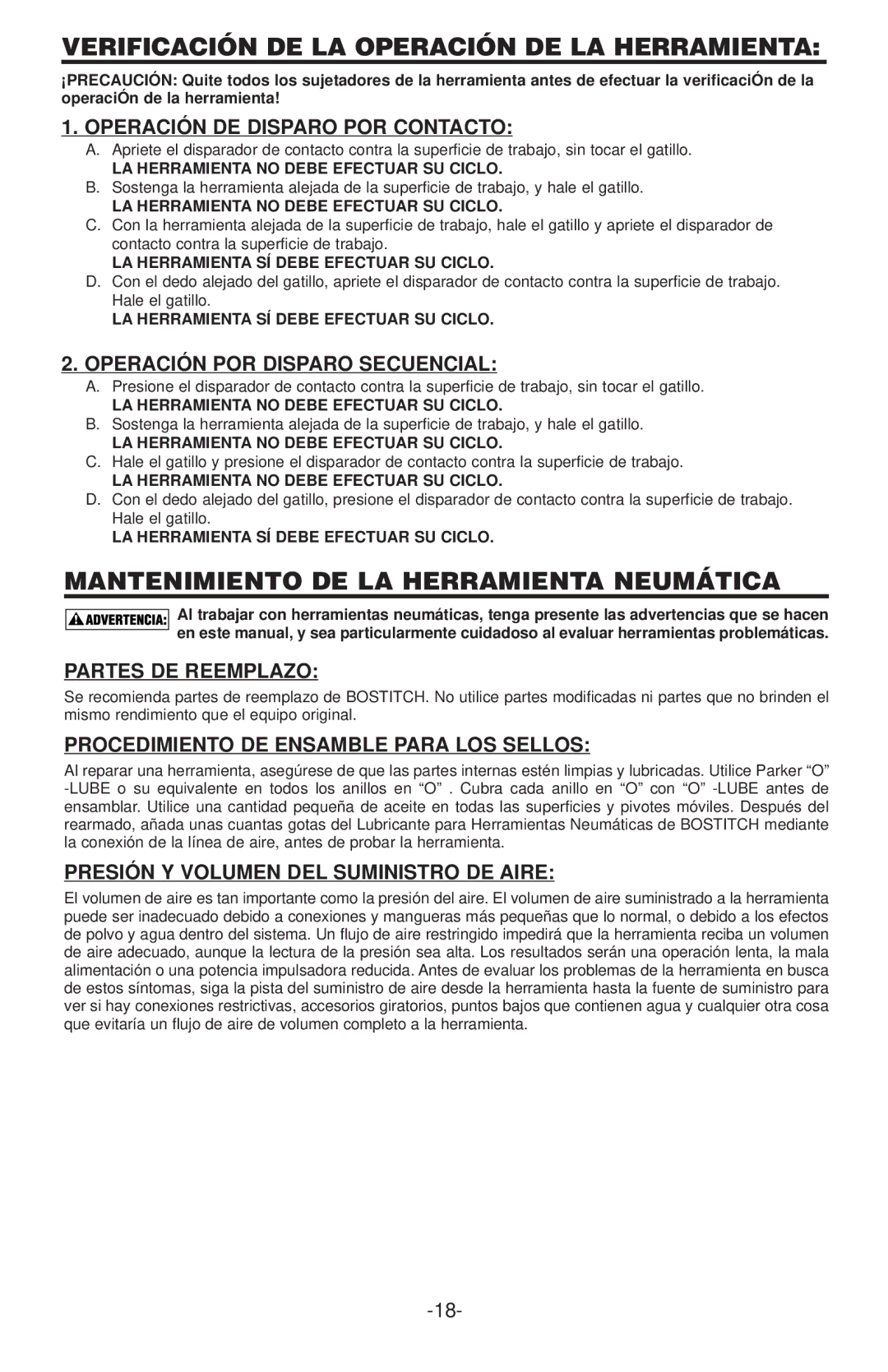 Bostitch N58C manual Verificación DE LA Operación DE LA Herramienta, Mantenimiento DE LA Herramienta Neumática 