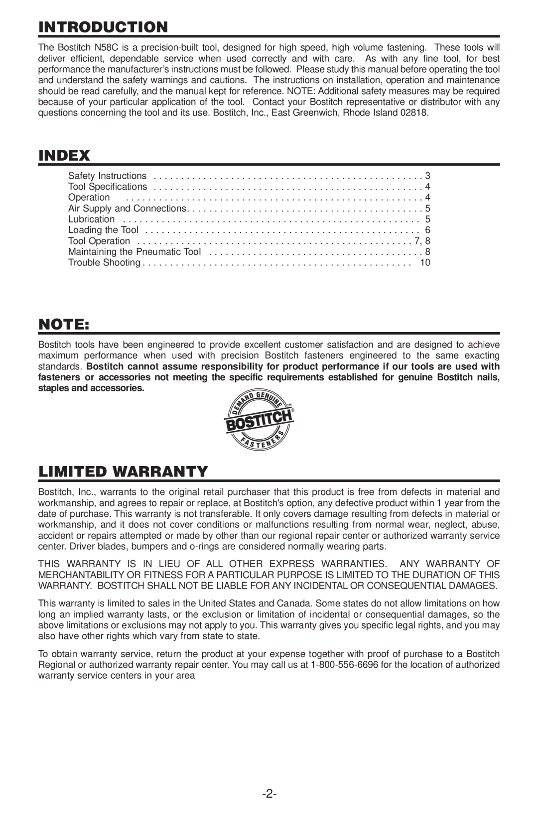 Bostitch N58C manual Introduction, Index, Limited Warranty 